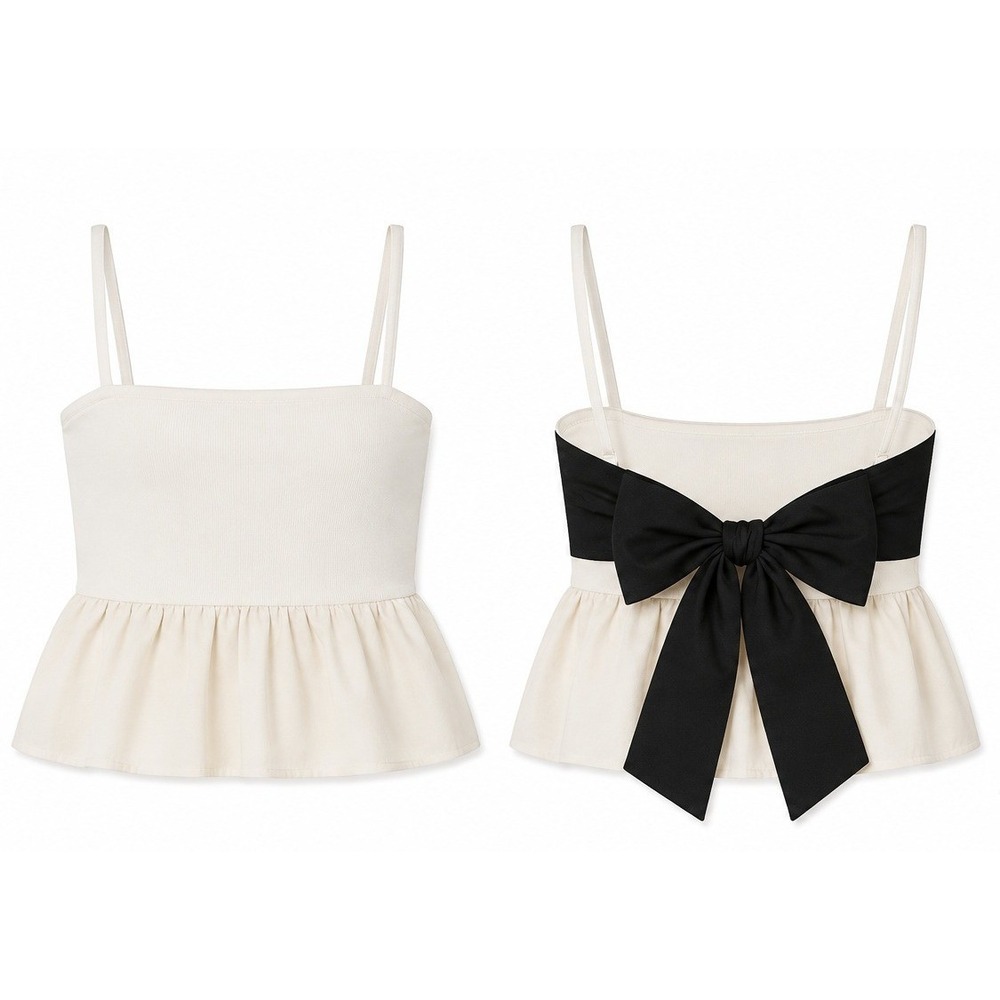 Zara Peplum Camisole Women L Cream Black Bow Back Square Neck Coquette Parisian